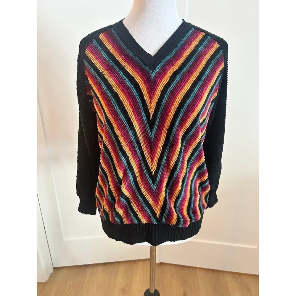 Super‎ Vintage Black V Neck Colorful Striped Velour Sweater Women Medium